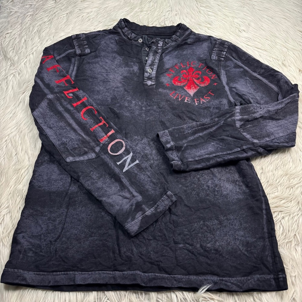 Affliction Men's L Black Distressed Henley Long Sleeve Tee Red Flocked